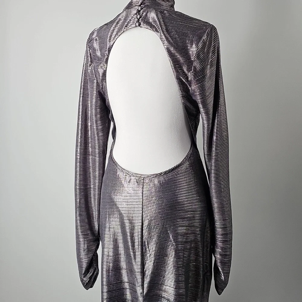Free People Mila Metallic Silver Textured Open Back Mock Turtleneck Maxi Dress - Picture 11 of 12